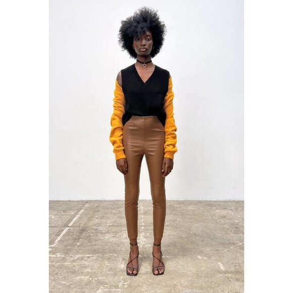 BNWT  Zara Brown Faux Leather High Rise Leggings w Raw Hem size XS - Picture 15 of 15